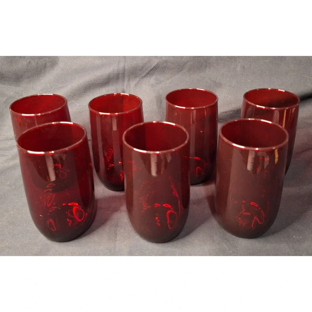 Set of 7 Ruby‎ Red Glass Tumblers Vintage Minimalist Drinking Glasses 4.25 Inch